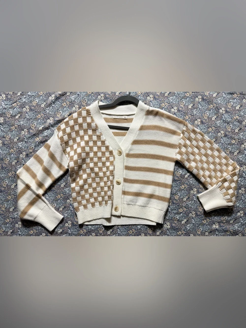 moon & madison Cream and Tan Checker‑Stripe Knit Cardigan - Picture 1 of 3